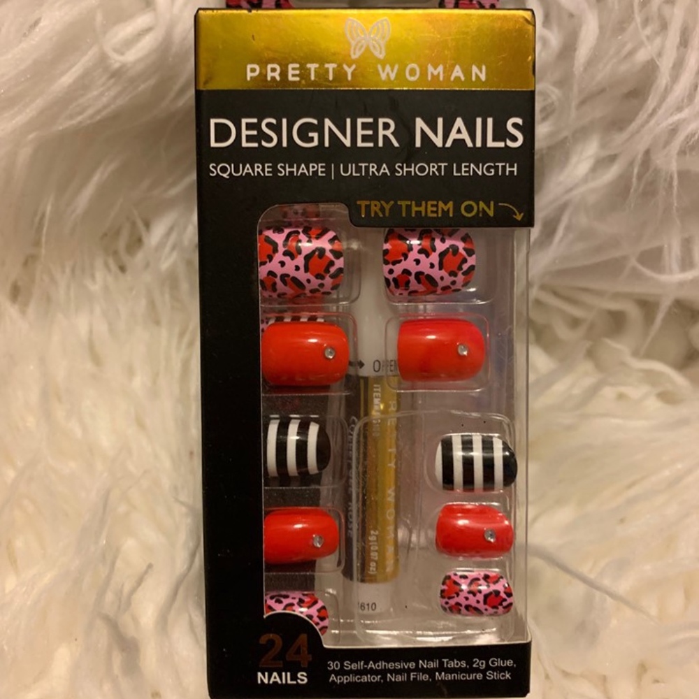 Pink/Red Cheetah Glue on Nails with Jewels